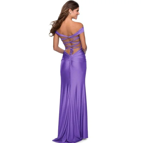 La Femme - 28506 Off Shoulder Tie Low-Cut Open Back Jersey Prom Dress Sz 8. - Picture 2 of 10